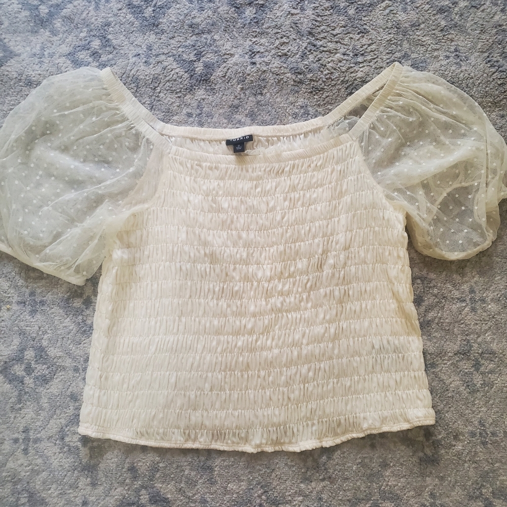 Torrid Sheer‎ Puff Sleeve Scrunch Womens Plus Size Top Ivory 2XL Summer Country